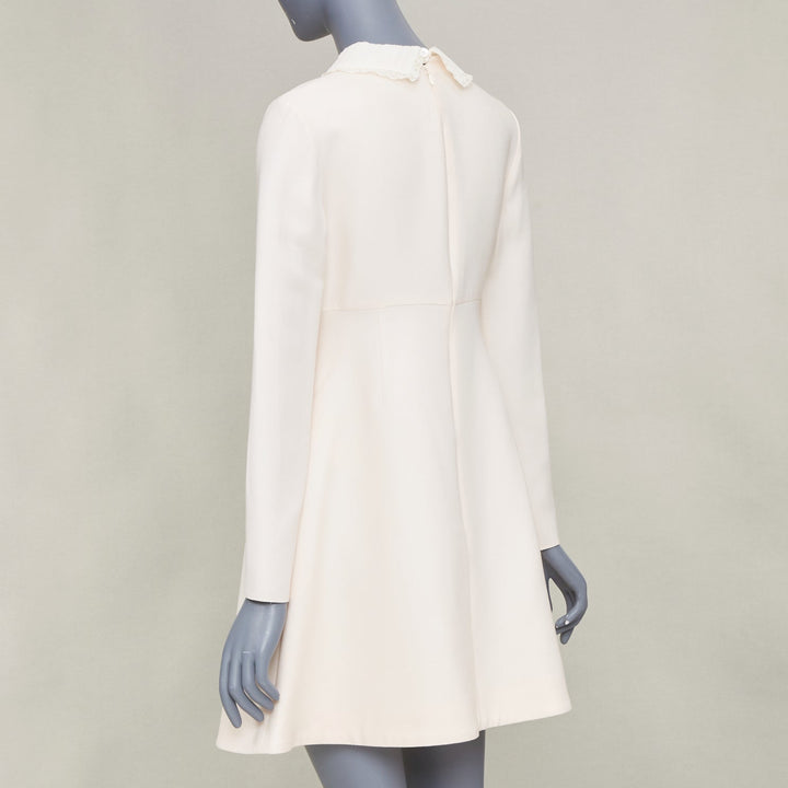 VALENTINO Bridal L'Amour ivory wool crepe silk lace collar A-line dress IT42 M