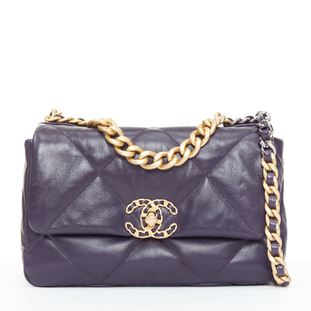 CHANEL 2020 19 Flap dark purple lambskin quilted medium flap 2 way crossbody bag