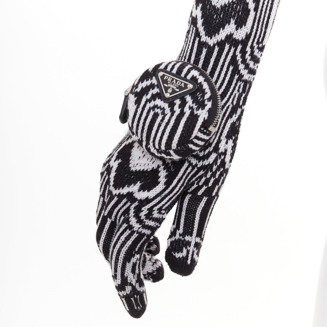 PRADA 2021 Raf Simons Runway black white wool knit triangle logo pocket gloves M