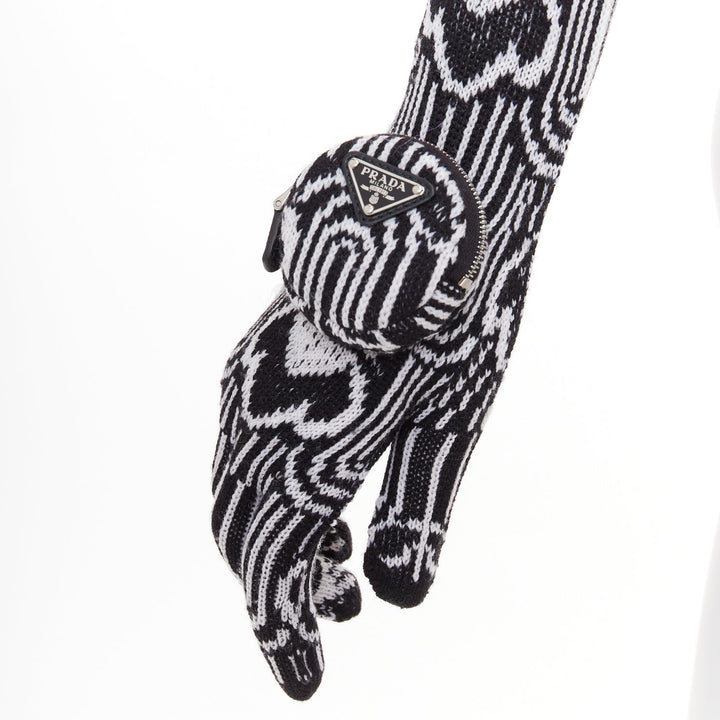 PRADA 2021 Raf Simons Runway black white wool knit triangle logo pocket gloves M