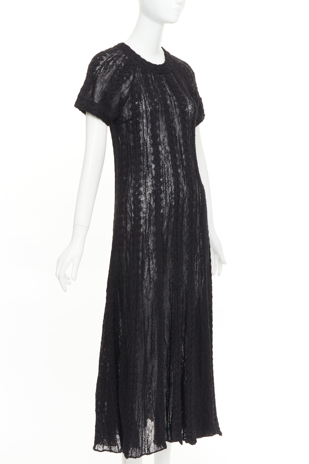 CHANEL black alpaca blend open knit crochet pointelle sleeve midi dress FR40 L