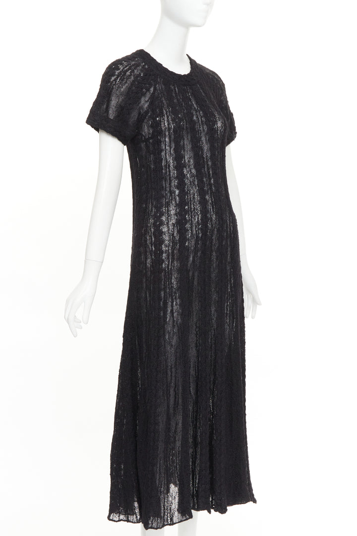 CHANEL black alpaca blend open knit crochet pointelle sleeve midi dress FR40 L