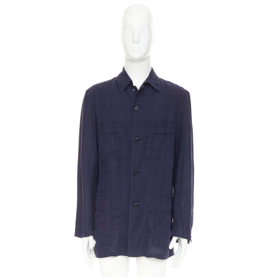 Y'S YOHJI YAMAMOTO navy linen 4-pocket safari long-line work shirt jacket JP3 L