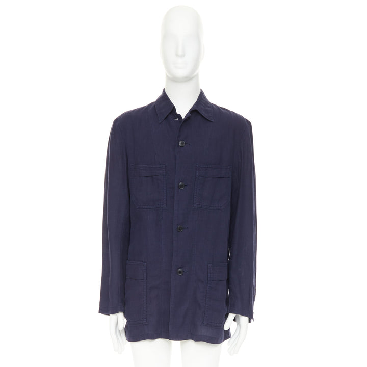 Y'S YOHJI YAMAMOTO navy linen 4-pocket safari long-line work shirt jacket JP3 L