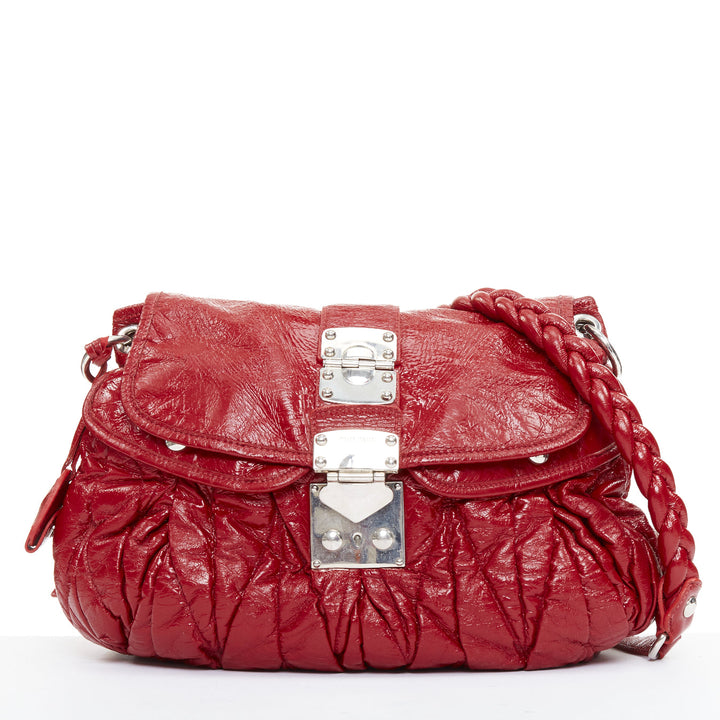 MIU MIU Coffer Hobo red Matelasse patent leather quilted crossbody bag