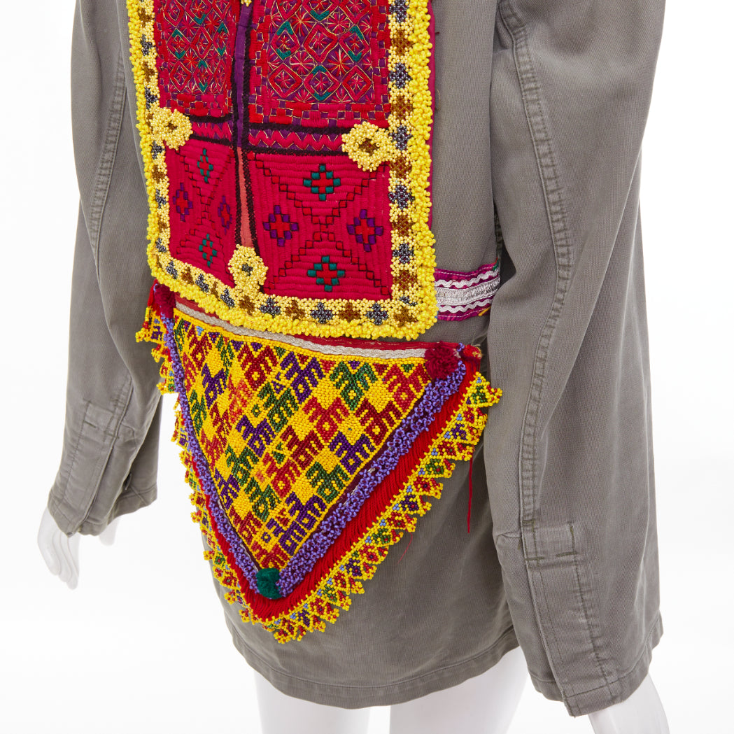CAMILLA ZILLI embellished back repurposed khaki cotton canvas utility jacket M