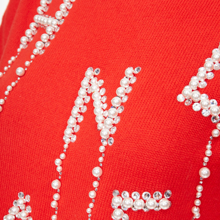 CHANEL 21S Runway 100% cashmere red pearl crystal beads spellout sweater FR34 XS
