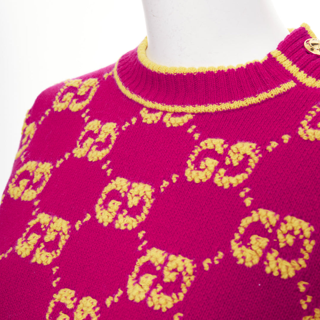 GUCCI 2022 magenta yellow wool GG monogram jacquard cropped sweater XS