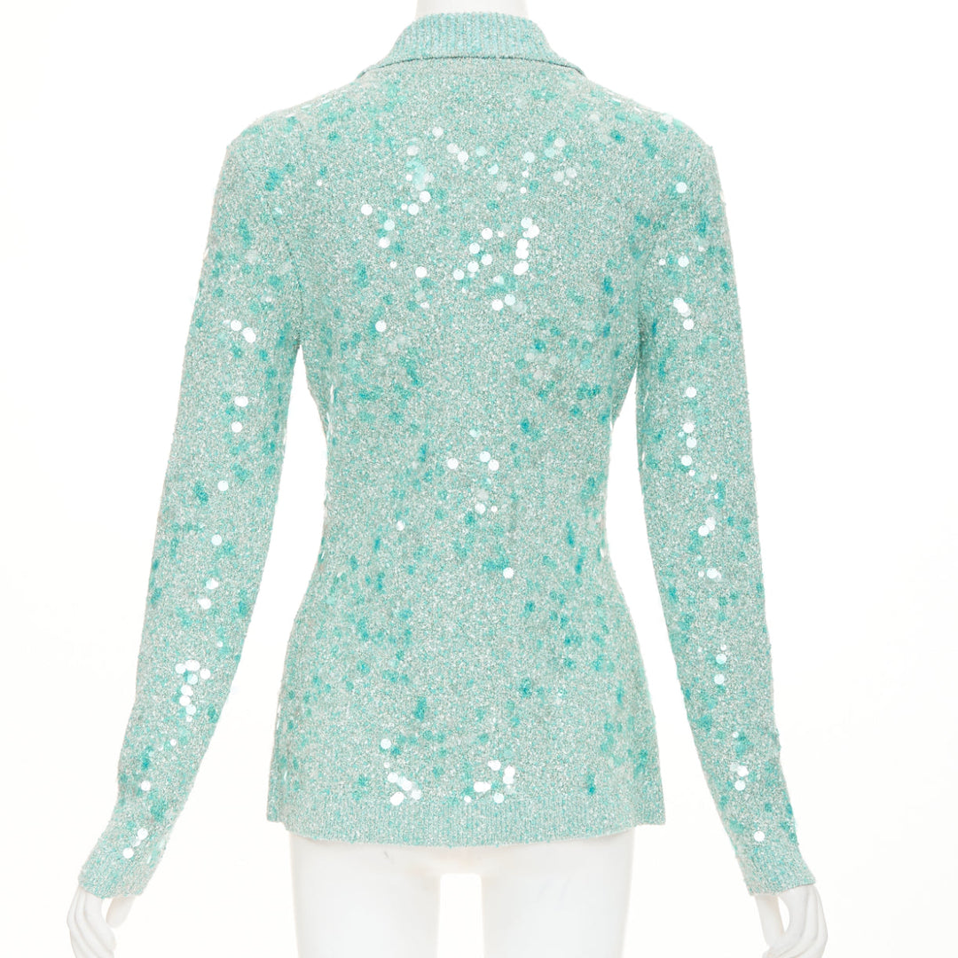 GUCCI 2024 Tweed Blend Polo acid turquoise sequin knit cardigan S