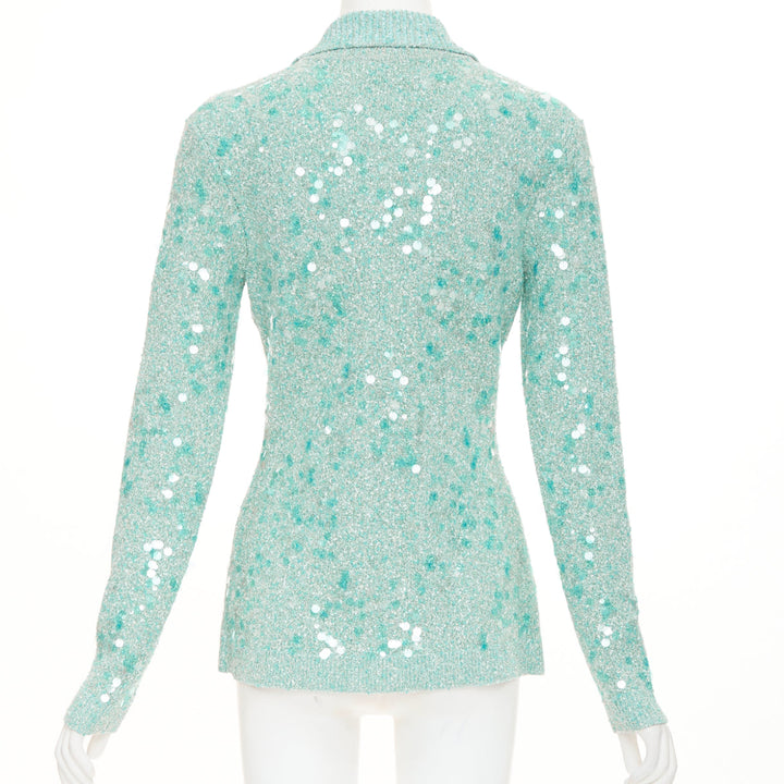 GUCCI 2024 Tweed Blend Polo acid turquoise sequin knit cardigan S