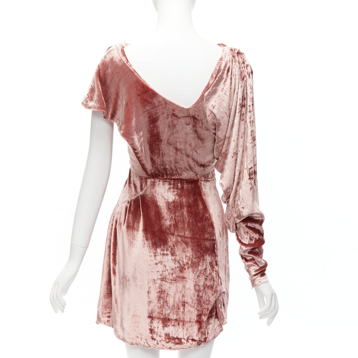 MICHAEL VAN DER HAM Runway pink velvet asymmetric wrap draped mini dress UK8 S