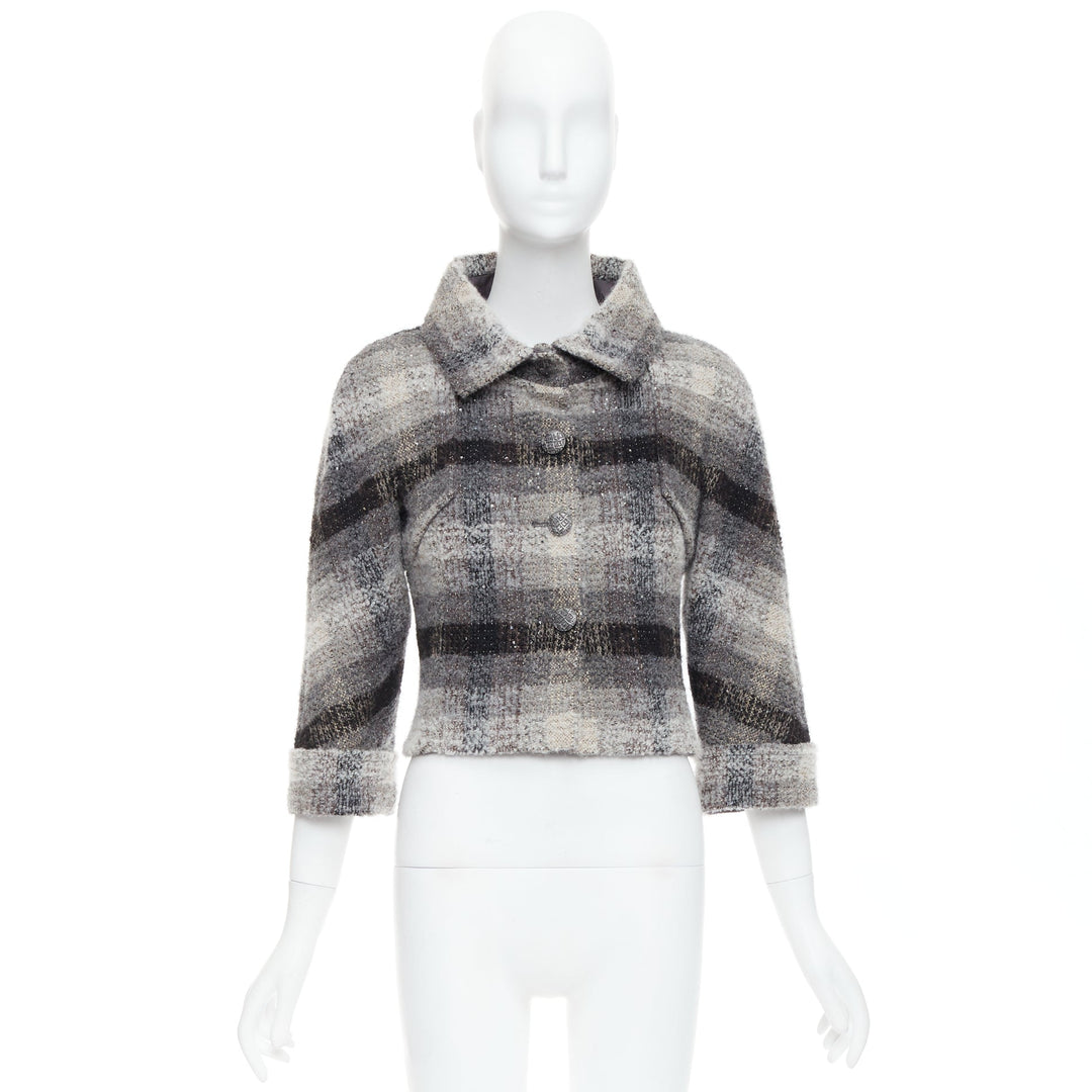 CHANEL 18B Fantasy tweed grey checked sequinned wool crop jacket FR38 M