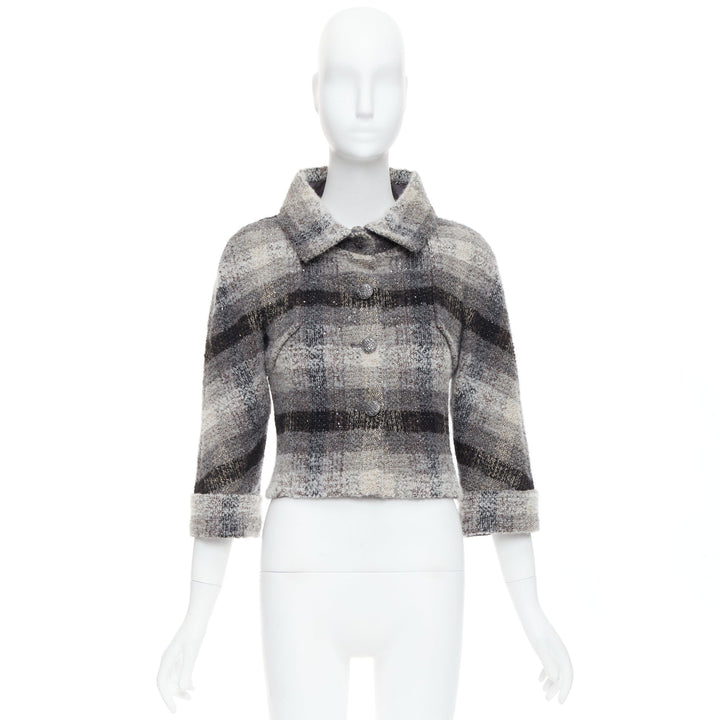 CHANEL 18B Fantasy tweed grey checked sequinned wool crop jacket FR38 M