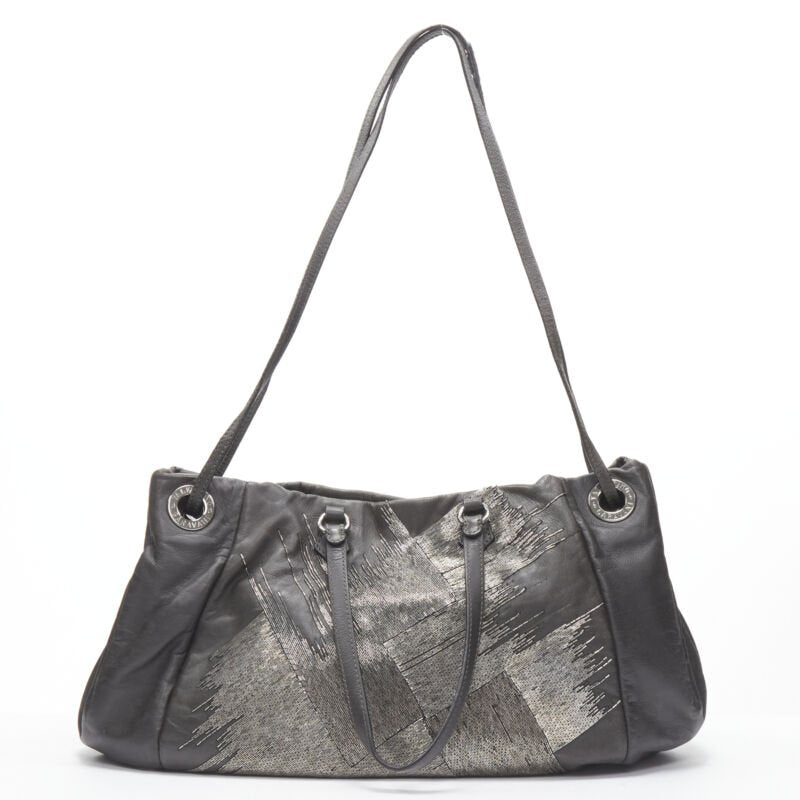 VALENTINO silver bead embellished grey leather crossbody large tote bag