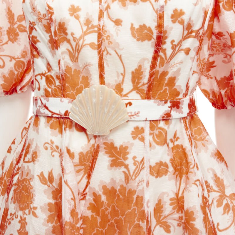 ZIMMERMANN 2022 Runway Postcard orange floral linen seashell belt dress AUS0 XS