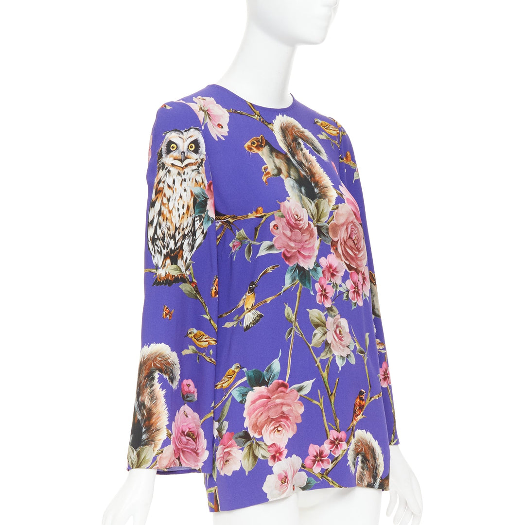DOLCE GABBANA purple pink squirrel floral print cropped sleeve tunic top IT38 XS