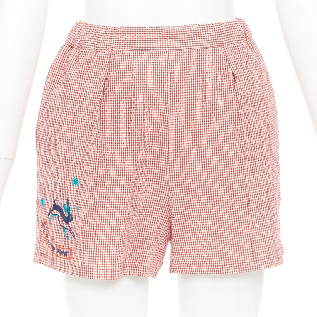 HERMES Sur La Pouce red gingham embroidered pajama shirt shorts set FR34 XS
