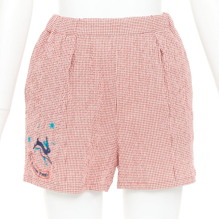 HERMES Sur La Pouce red gingham embroidered pajama shirt shorts set FR34 XS