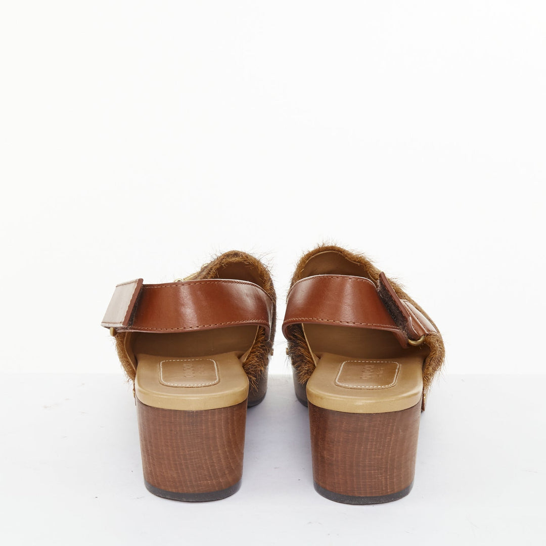GUCCI 2015 brown calf hair horsebit studded slingback wood clogs EU38