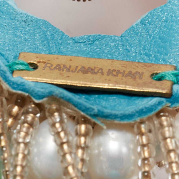RANJANA KHAN turquoise cream faux pearl stone clip on earrings  Pair