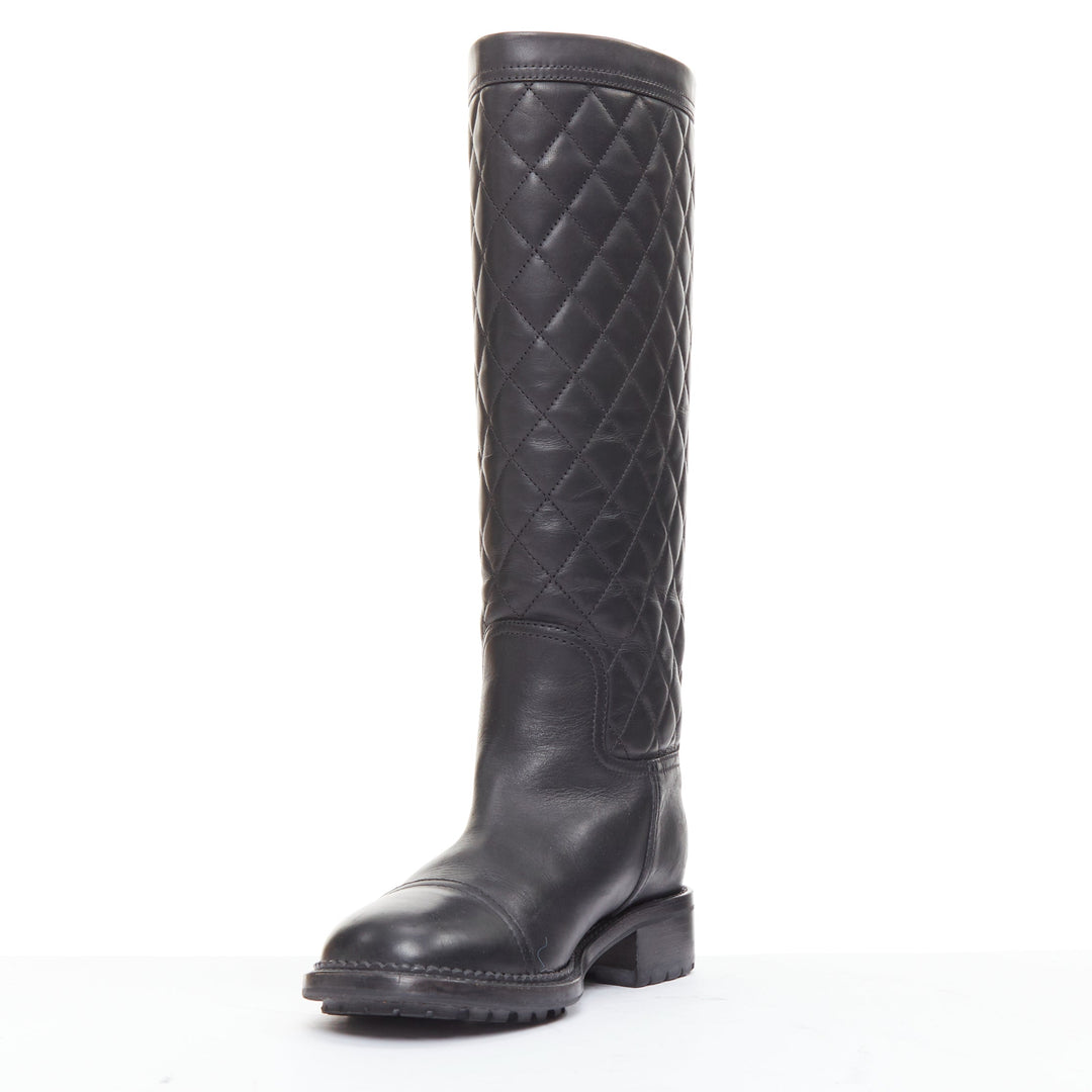 CHANEL black leather quilted CC logo stamp round toe riding boots EU38