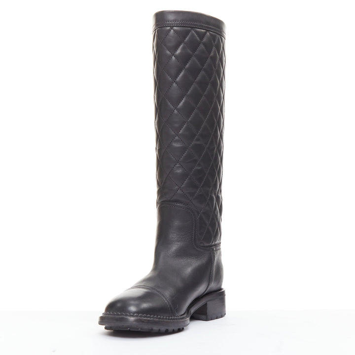 CHANEL black leather quilted CC logo stamp round toe riding boots EU38