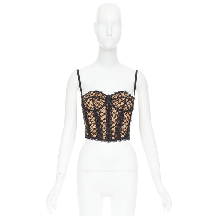 GUCCI 2022 Runway Aria black beige GG monogram net lace corset bustier top M