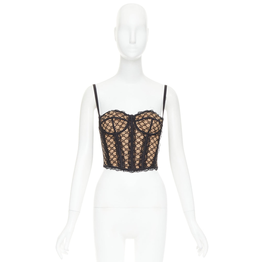 GUCCI 2022 Runway Aria black beige GG monogram net lace corset bustier top S
