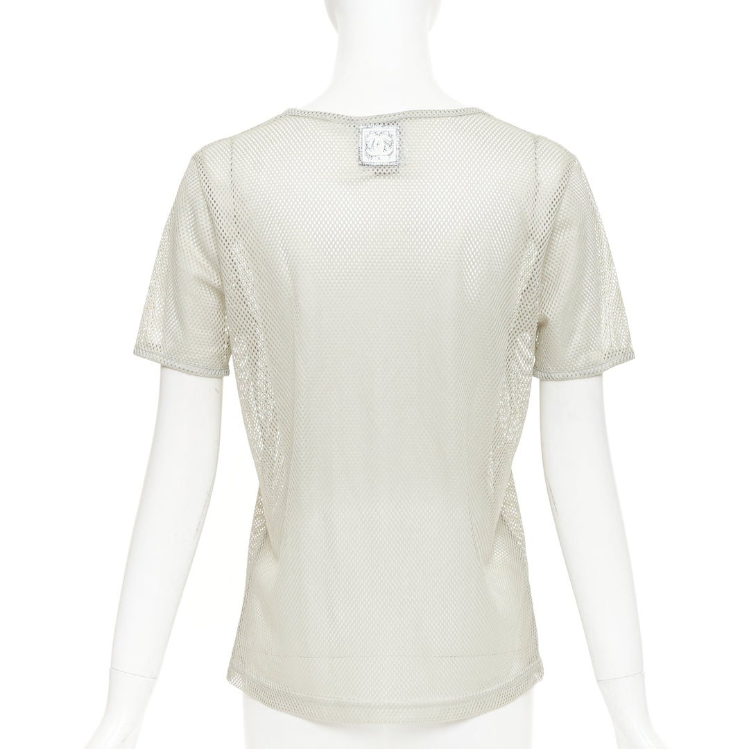 CHANEL SPORTS 03P Vintage grey sheer mesh silver CC logo split neck top FR40 L