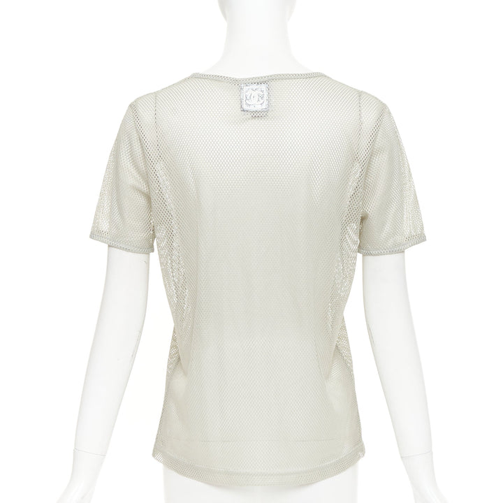 CHANEL SPORTS 03P Vintage grey sheer mesh silver CC logo split neck top FR40 L