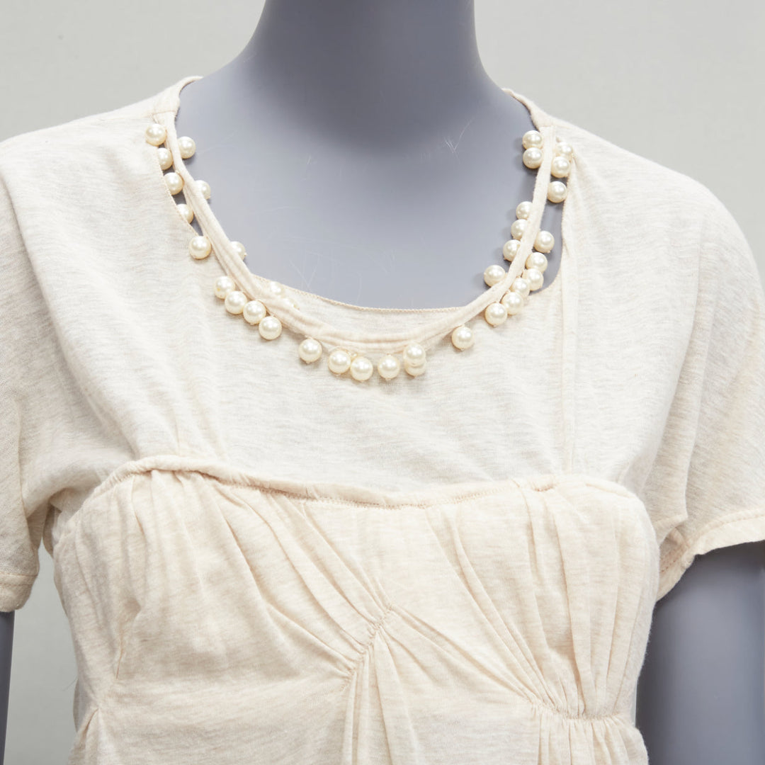 LOUIS VUITTON Marc Jacobs beige pearl necklace cupped bust tshirt FR38 M