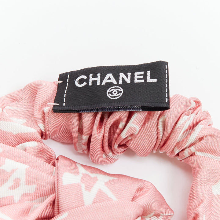 CHANEL 2022 100% silk pink white CC star print hair ribbon scrunchie