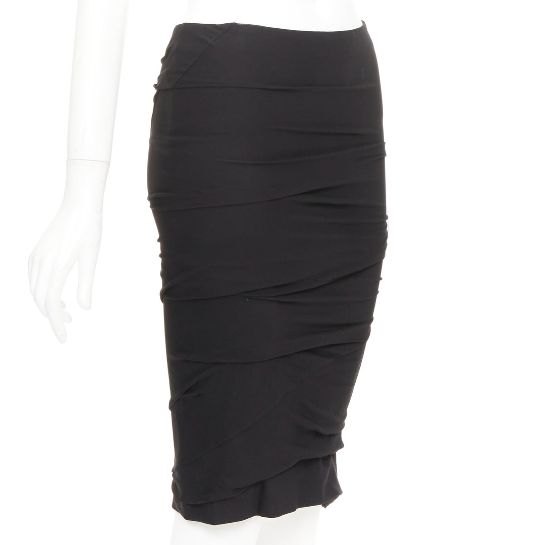 TOM FORD black viscose ruched high waisted asymmetric knee pencil skirt IT36 XXS