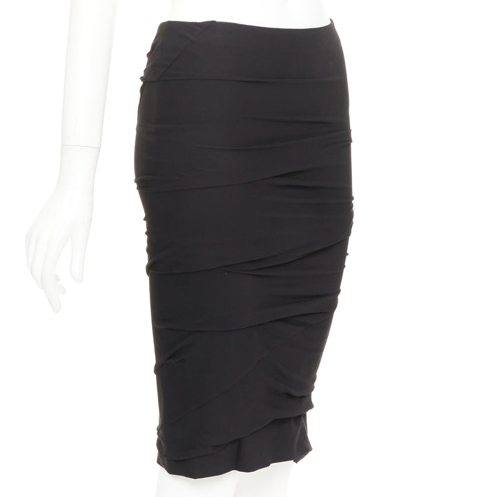 TOM FORD black viscose ruched high waisted asymmetric knee pencil skirt IT36 XXS