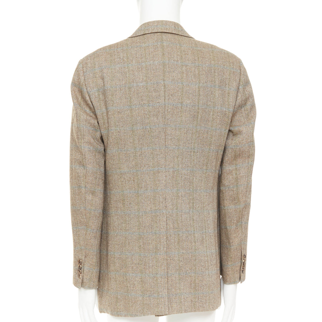 HERMES brown blue wool mohair cashmere checked full canvas blazer EU50 L