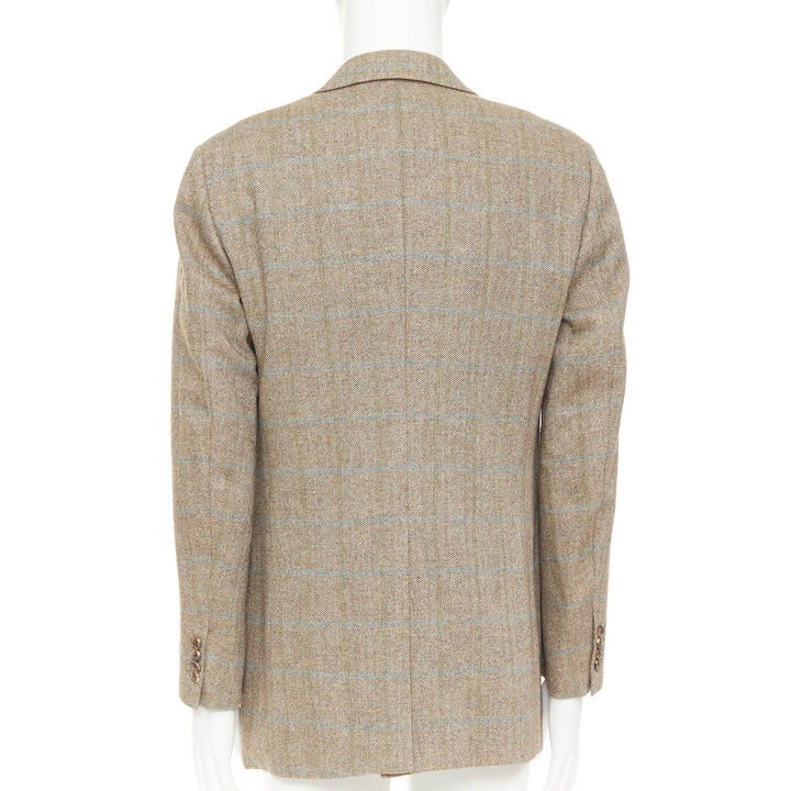 HERMES brown blue wool mohair cashmere checked full canvas blazer EU50 L