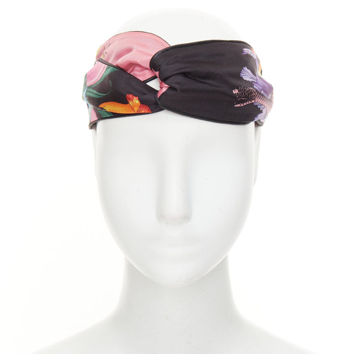 GUCCI 2017 Flora Snake print black silk twisted knot elastic headband turban