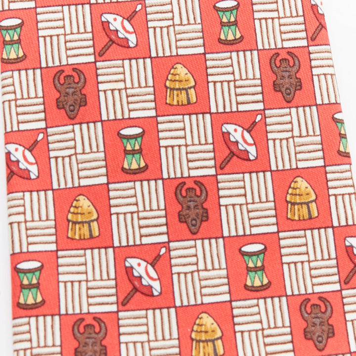 HERMES 7618 TA red brown aboriginal mask tribal drum print silk tie