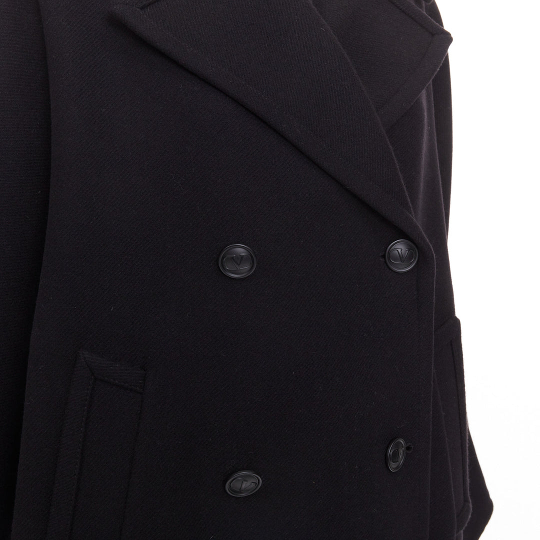 VALENTINO 2021 black wool blend boxy V logo double breasted coat IT40 S