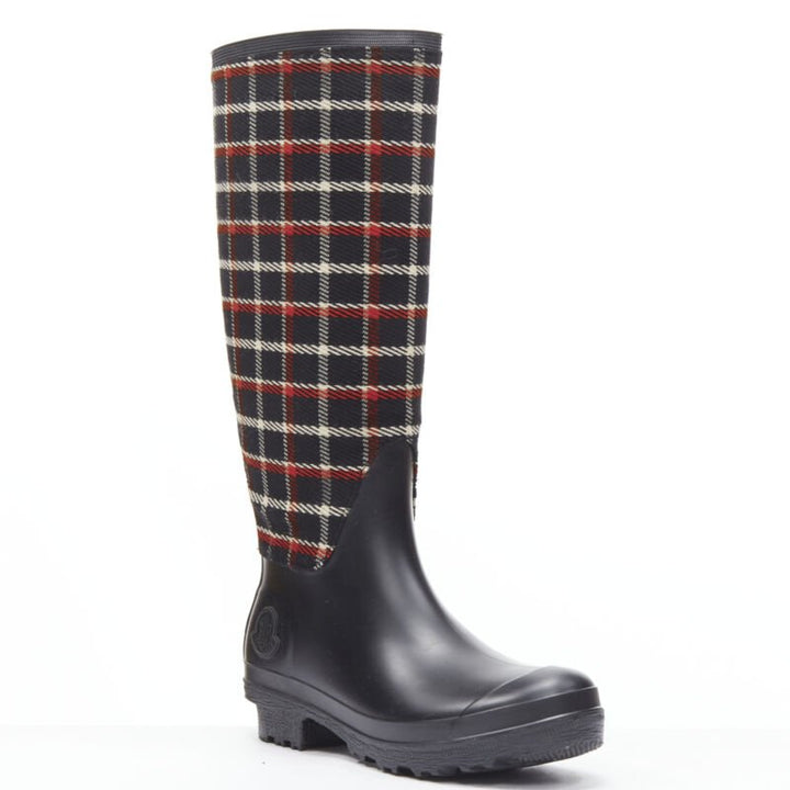 MONCLER red black plaid check black rubber wellington rain boots EU39
