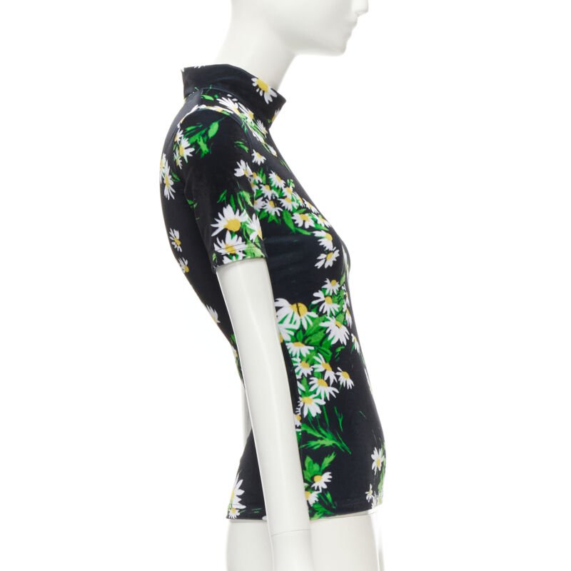 RICHARD QUINN black white green daisy floral print velvet short sleeve top S