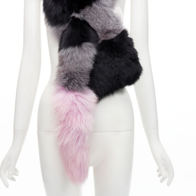 CHARLOTTE SIMONE 100% fur black pink striped tail silk lined loop through scarf