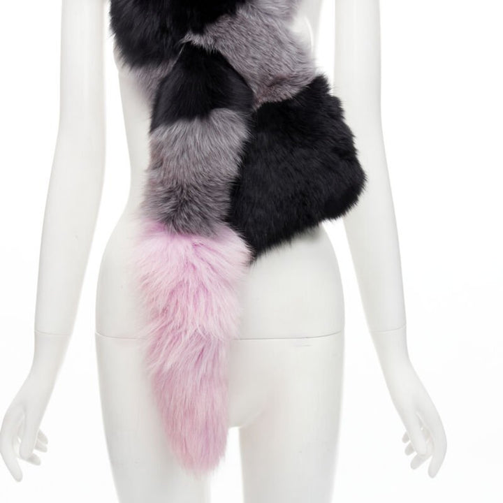 CHARLOTTE SIMONE 100% fur black pink striped tail silk lined loop through scarf