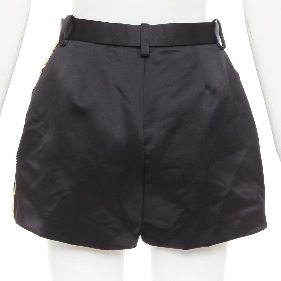 VERSACE black gold Greca embroidered crystal trim mini short shorts IT40 S
