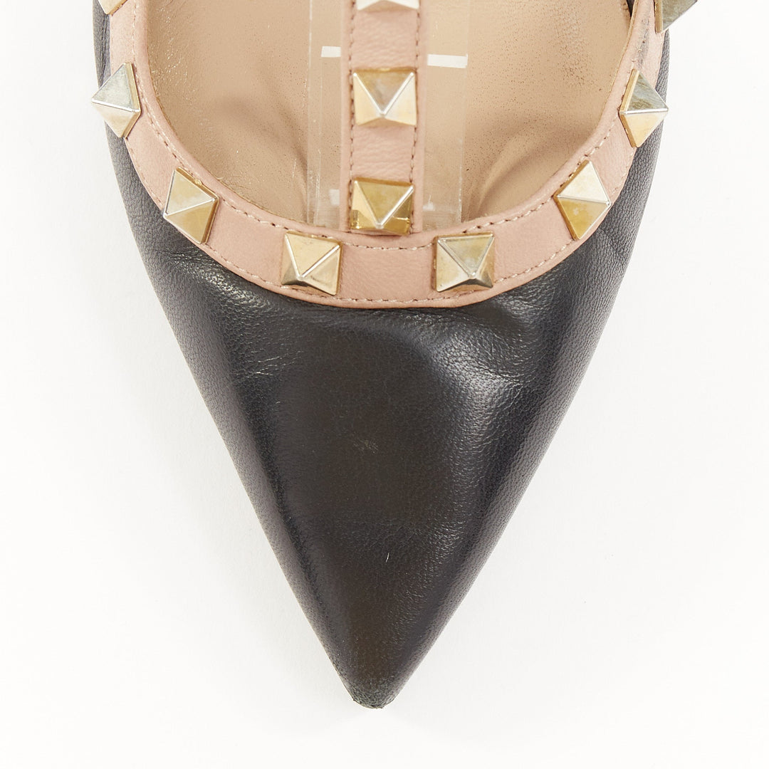 VALENTINO Rockstud black leather poudre cage stiletto pumps EU37 US7