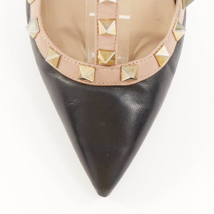 VALENTINO Rockstud black leather poudre cage stiletto pumps EU37 US7