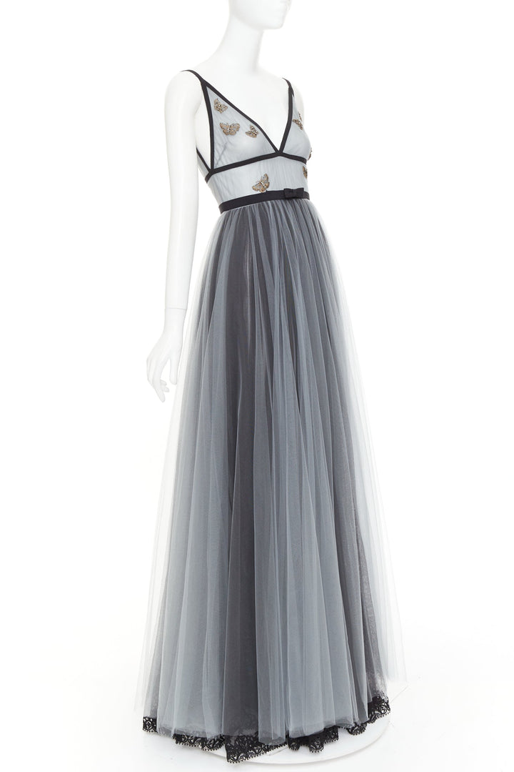 rare CHRISTIAN DIOR 2024 Runway grey butterfly bead embroidered tulle maxi gown
