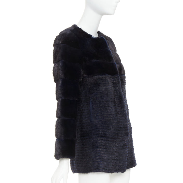YVES SALOMON KIDS black navy horizontal mink fur work collarless coat Y12