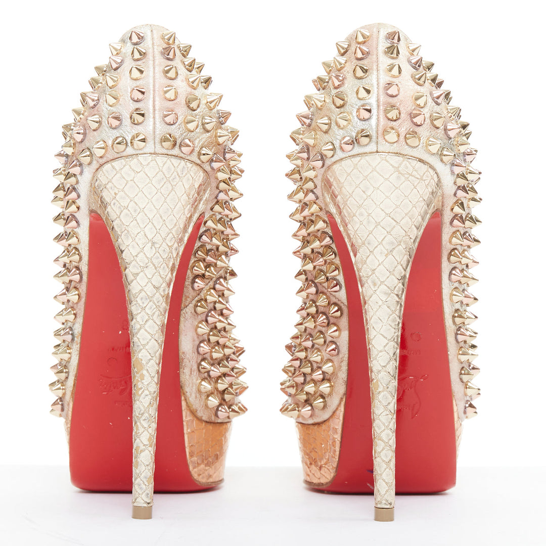 CHRISTIAN LOUBOUTIN Lady Peep 150 metallic gold studded platform peep pump EU38