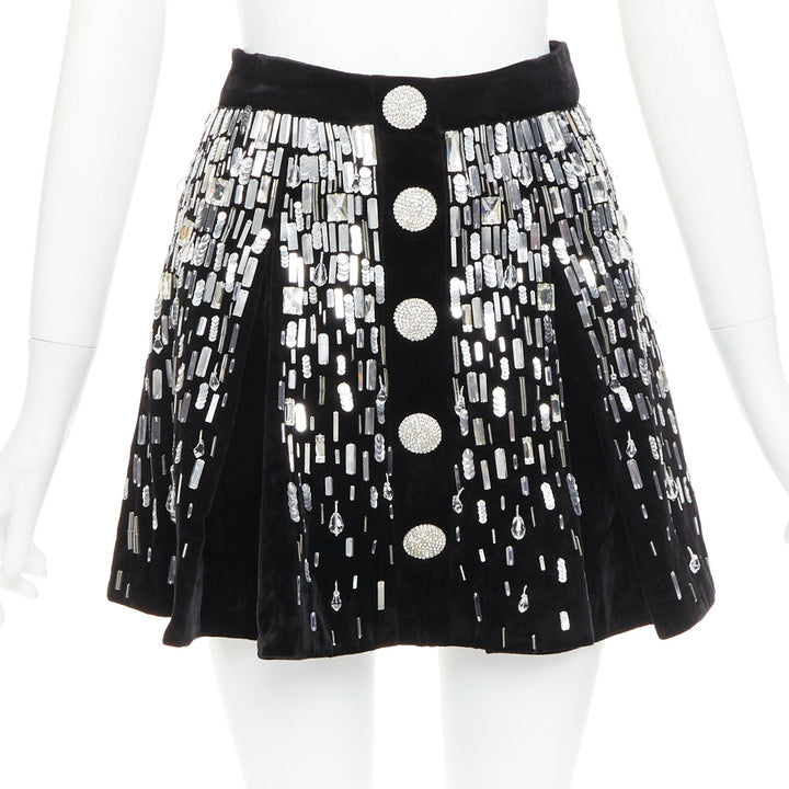 BALMAIN Embellished Skater black silver beads sequins flare mini skirt FR34 XS